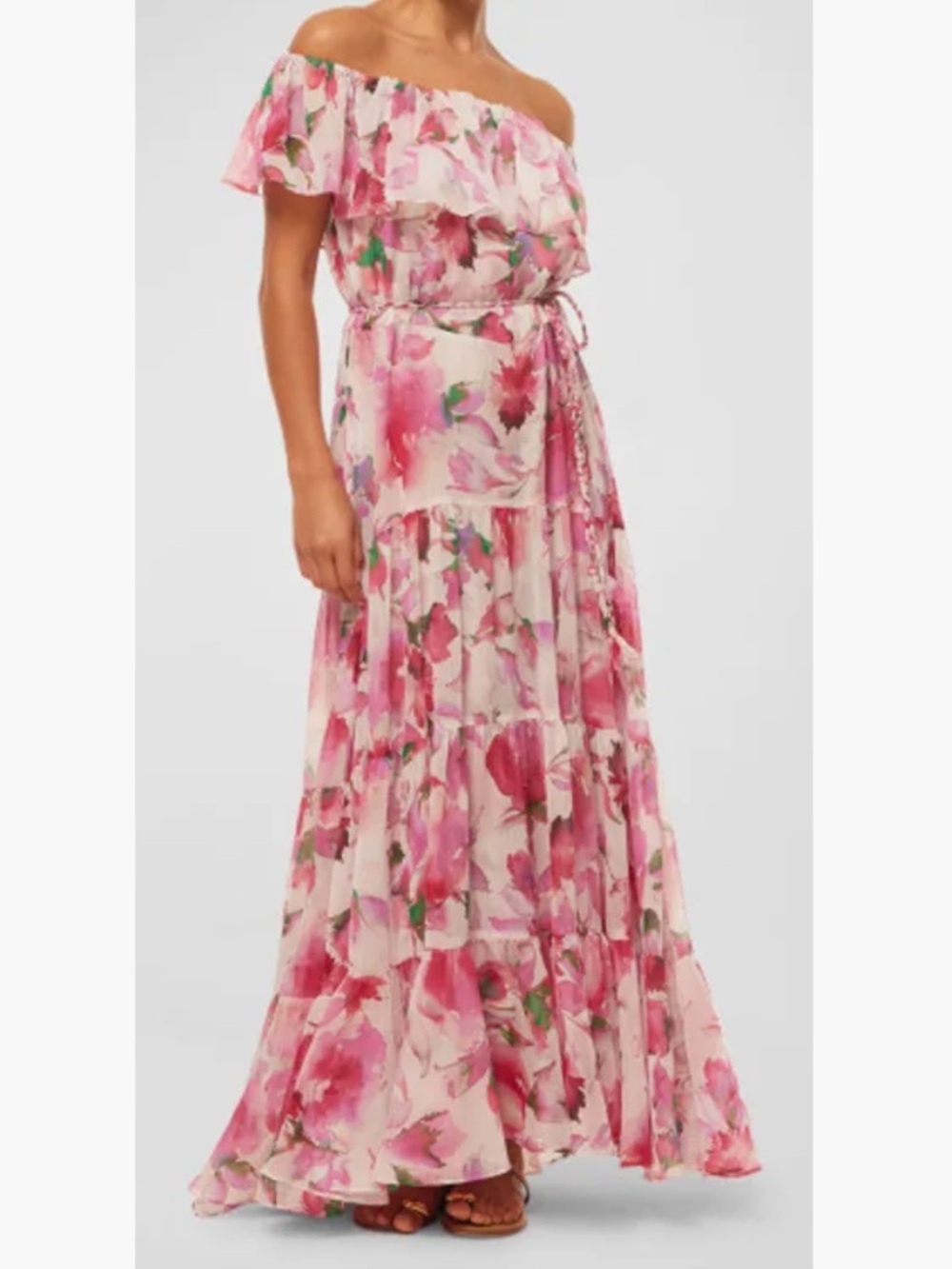MISA Los Ángeles Estella Floral Off-Shoulder Tiered Ruffle Maxi Dress - Pink